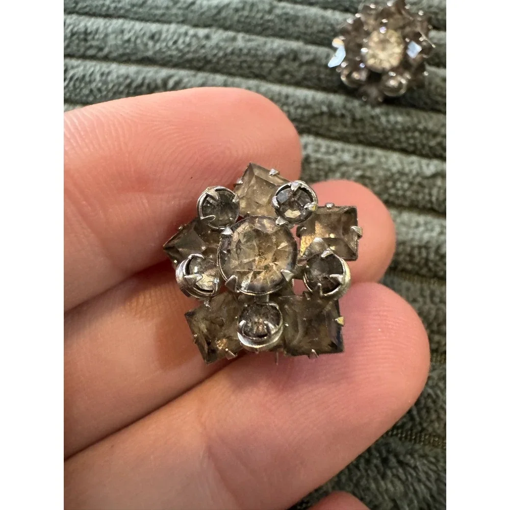 Vintage Rhinestone Brooch Pin Set Flower‎ Floral Silver Tone Costume Jewelry